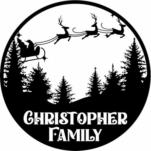 Personalized Christmas Metal Sign, Custom Santa Claus and Reindeer Hanging Sign, Indoor/Outdoor Porch Decor, Black Wall Art, Party Supplies, Personalized Christmas Gifts