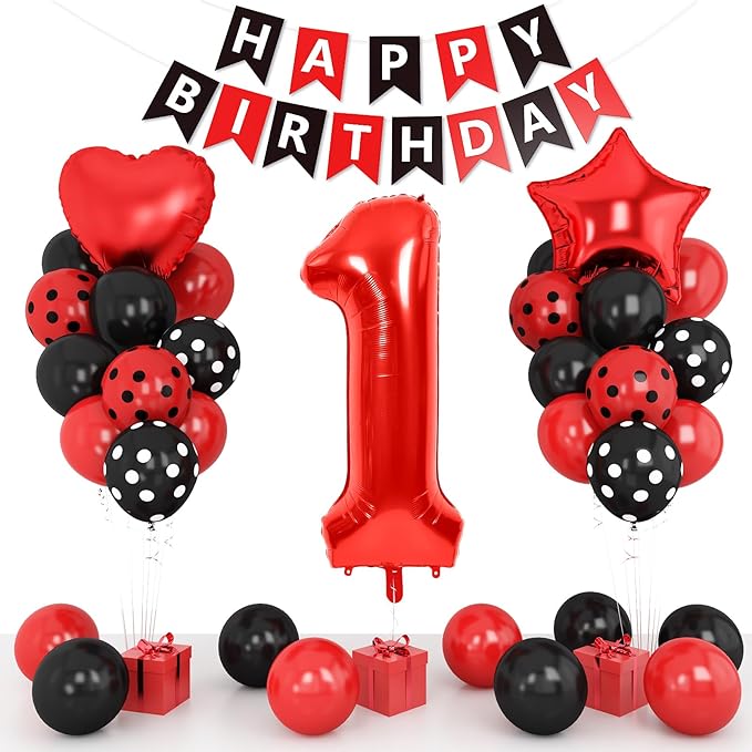 Black Red 1st Birthday Decorations for Kids, 40 Inch Large Number 1 Balloon Black Red Polka Dots 1st Birthday Balloons for Boy Girl 1 Year Old Baby Shower Cartoon Theme Party Decorations