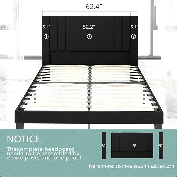Tyndall Queen Size Bed Frame, Linen Fabric Upholstered Platform with Headboard