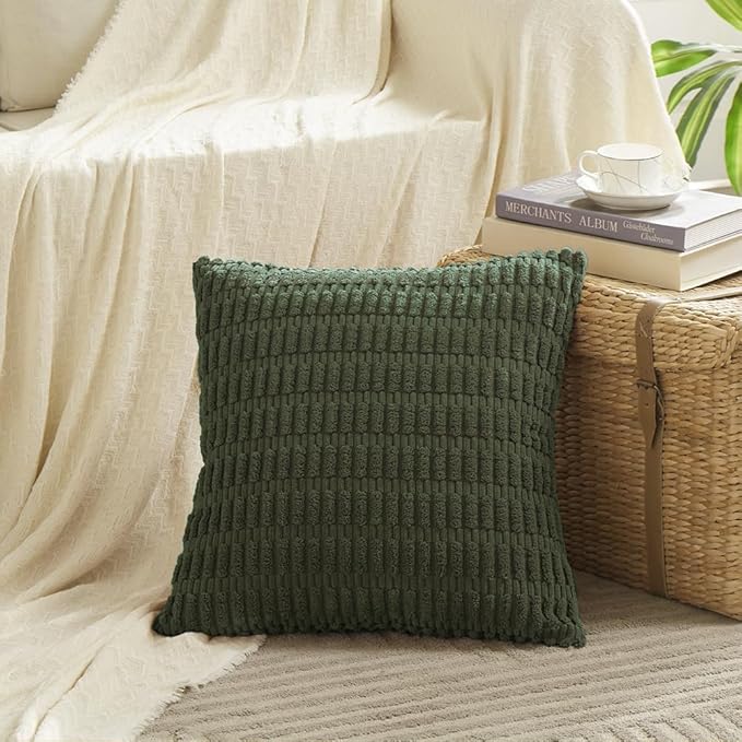 Fancy Homi 2 Packs Boho Olive Green Decorative Throw Pillow Covers 20x20 Inch for Couch Bed Sofa, Rustic Modern Farmhouse Home Decor, Soft Plush Corduroy Square Cute Cushion Case 50x50 cm