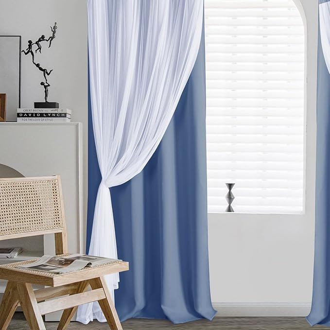 DWCN Blackout Curtains with Sheer Overlay Layered Curtains for Bedroom/Living/Dining Room Grommet Top Window Treatments with Tiebacks, 52 W by 63 L, Hazy Blue, 2 Pieces