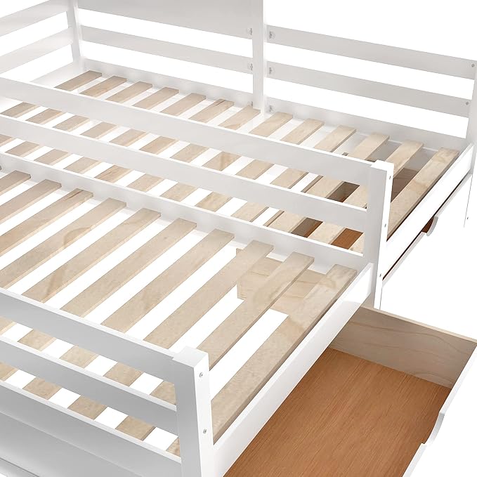 P PURLOVE Twin Double Shared Bed,Twin Size House Platform Beds with Two Drawers for Boy and Girl Shared Beds, Montessori House Bed Frame Combination of 2 Side by Side Twin Size Beds,White