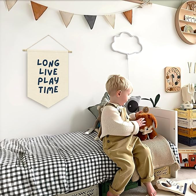 Playroom Decor, Long Live Playtime Neutral Banner Blue Decor Boy Room Decor,Nursery Playroom Wall Decor For Boys Bedroom Toddler Decorations,Wall Hanging Pennant Flag Banner 15x11in