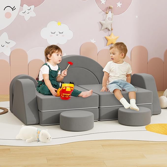 12 PCS Modular Kids Play Block Couch Child Sectional Sofa Toddler Building Fortplay Bedroom Playroom Baby Convertible Floor Foam Cushion for Boys & Girls (Dark Gray-Double)