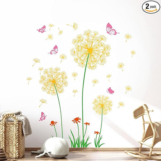 2 Sheets Dandelion Wildflower Wall Decals Art, Wall Art Stickers Peel and Stick Floral Butterflies Flying Decor for Girls Kids Women Baby Nursery Room Bedroom Bathroom Hallway Stairwell (Yellow)