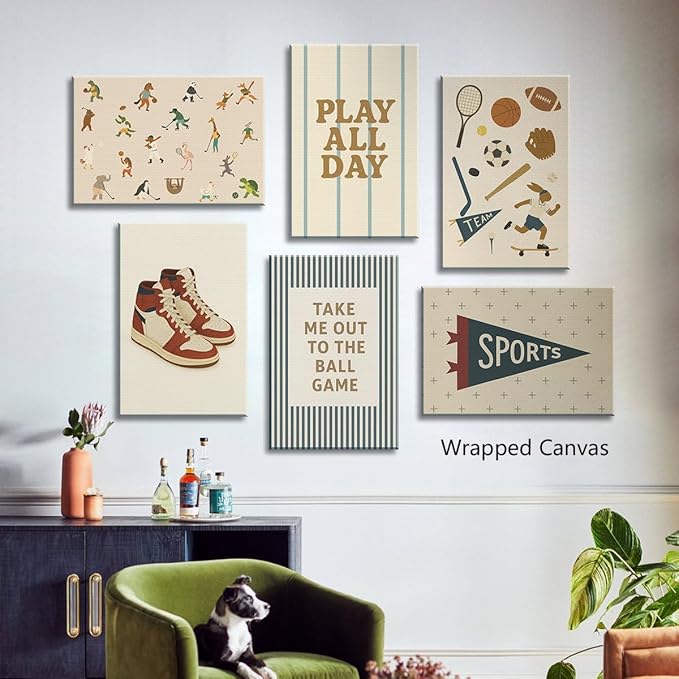 Sports Posters for Boys Bedroom, Boy Nursery Canvas Wall Art, Cute Animal Athletes & Sports Equipment Pictures, Charming Quotes Take Me Out To The Ball Game Play All Day Print 12x16in Framed