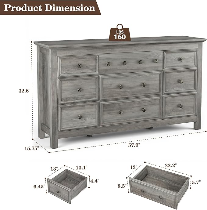 Grey 9 Drawer Dresser, 57" Large Dresser for Bedroom, TV Stand for 70 inch TV, Wood Chest of Drawers with Metal Handle, Rustic Storage Dressers Organizer for Bedroom, Hallway