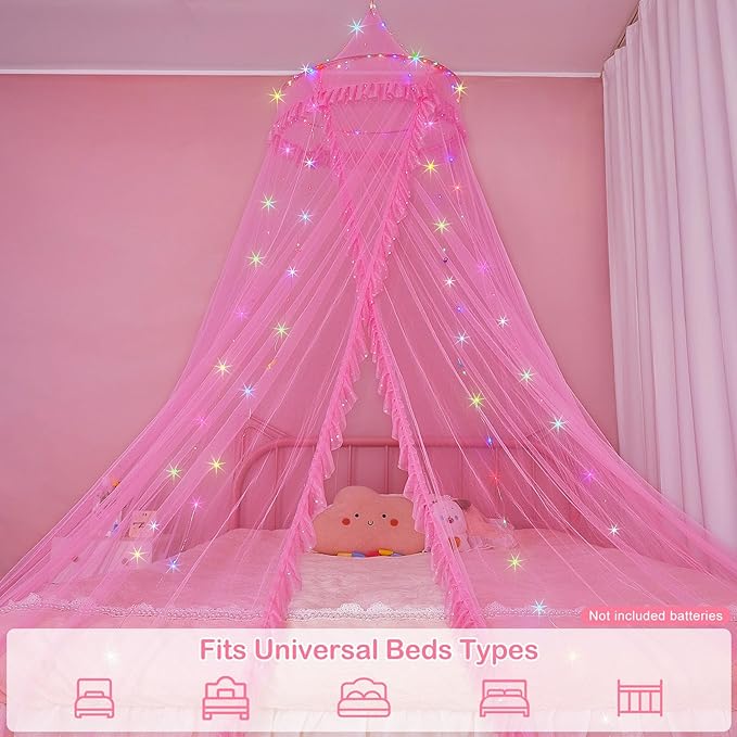 Beinou Bed Canopy for Girls with Timer Remote Canopy Bed with Lights Breathable Net Canopy for Bed Kids Girls Room Decor,Pink