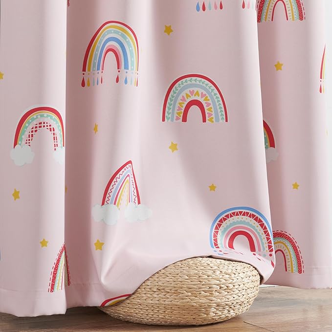 Vangao Boho Girls Blackout Curtains Pink for Kids Room 63 Inch Length, Rainbow Window Drapes for Living Room Nursery Thermal Grommet Insulated Room Darkening Curtains Bedroom, 2 Panels