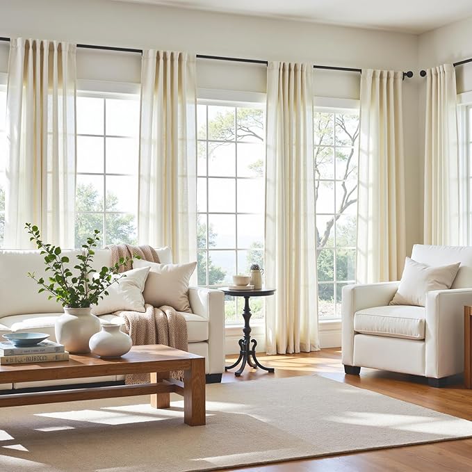 jinchan Linen Blend Curtains 96 inch Length 2 Panels for Bedroom Living Room, Floor to Ceiling 50 inch Wide Farmhouse Drapes with Rod Pocket Back Tab(50W x 96L, Ivory)