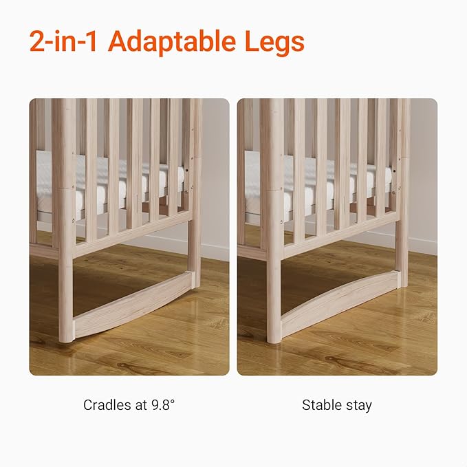 MAMAZING EvoNook 6-in-1 Convertible Mini Crib, 100% New Zealand Wood, 4 Adjustable Mattress Heights, Crib with Mattress,GREENGUARD Gold Certified, Washed Natural