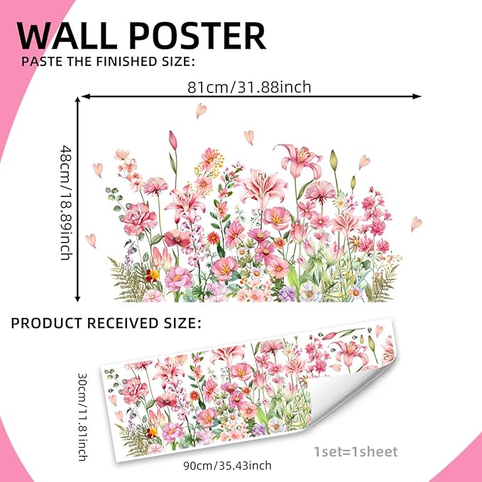 Wildflower Flower Wall Stickers Daisy Lily Wall Decals Butterfly Pink Floral Wall Decor for Girls Bedroom Baby Nursery Kids Room Wall Decor
