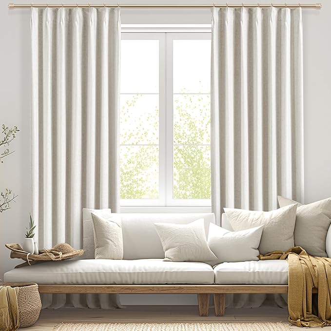 IVAPUPU Natural Linen Blend Pinch Pleated Full Blackout Curtains for Bedroom - 2 Pages Black Out Curtains 112 Inch Long 2 Panel for Living Room Darkening Thermal Window Curtain Drapes with 16pc Hooks