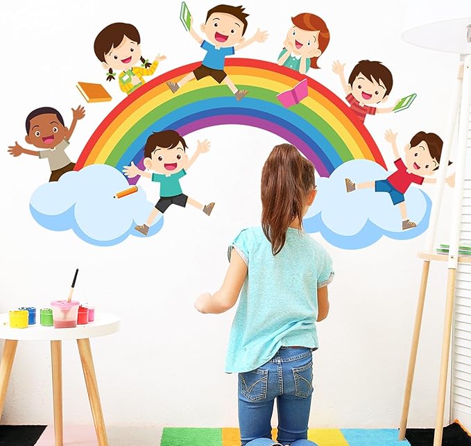 Watercolor Rainbow Wall Decals Educational Wall Stickers for Kids Room, Large Rainbow Cloud Wall Decor Students Reading Art Murals Peel and Stick Decorations for Nursery Classroom