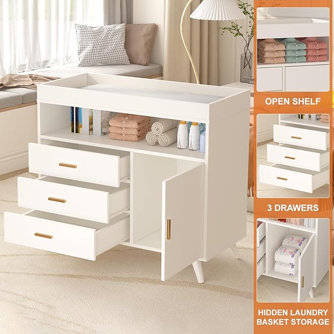 Nursery Dresser with Baby Changing Table,Diaper Changer Tables with 3-Drawer & Shelves, Wooden Baby Dresser with Top, Wood Diaper Changing Station