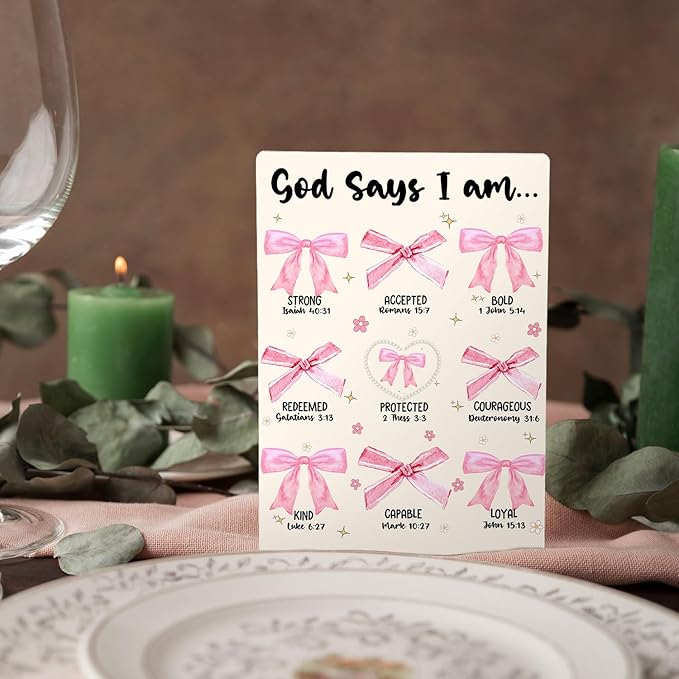 God Says I Am Christian Sign, Coquette Pink Bow Bible Verse Wooden Stand Sign 5x7 Inch, Preppy Religious Decorations for Girls Bedroom Dorm Home Prayer Room Desk Table Decor