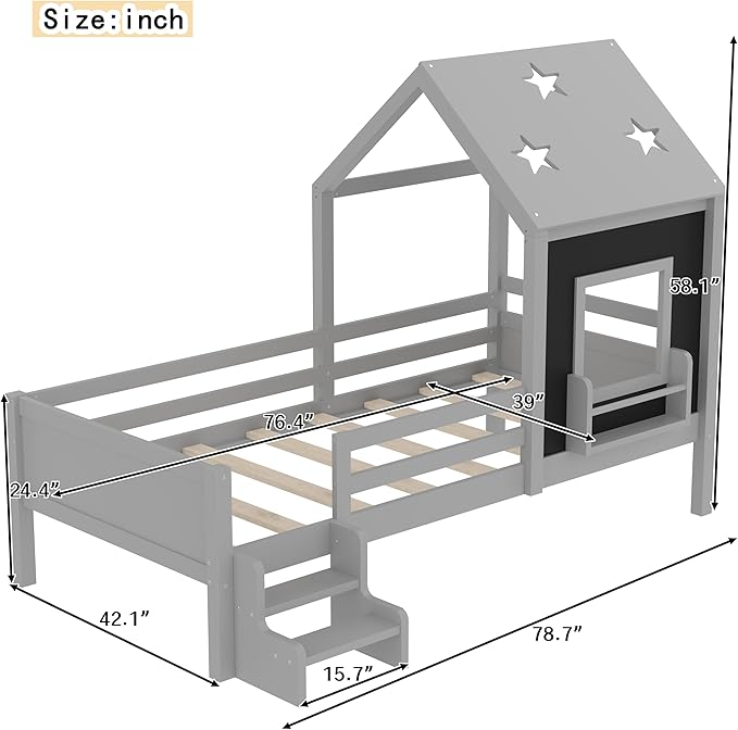 Bellemave Twin House Bed with Rails or guardrails and Bookcase, Wooden Twin House Shape Platform Bed for Boys, Girls, Teens, Gray