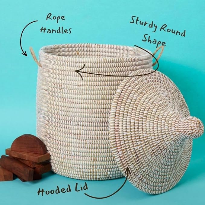 Wicker Basket, Storage & Organization, Home Decor, Laundry Hamper Bedroom, Baby Nursery Toys Bin, Blankets Storage Living Room, Bathroom Towels Holder, Woven, Round, Lid, Handles, White, Small