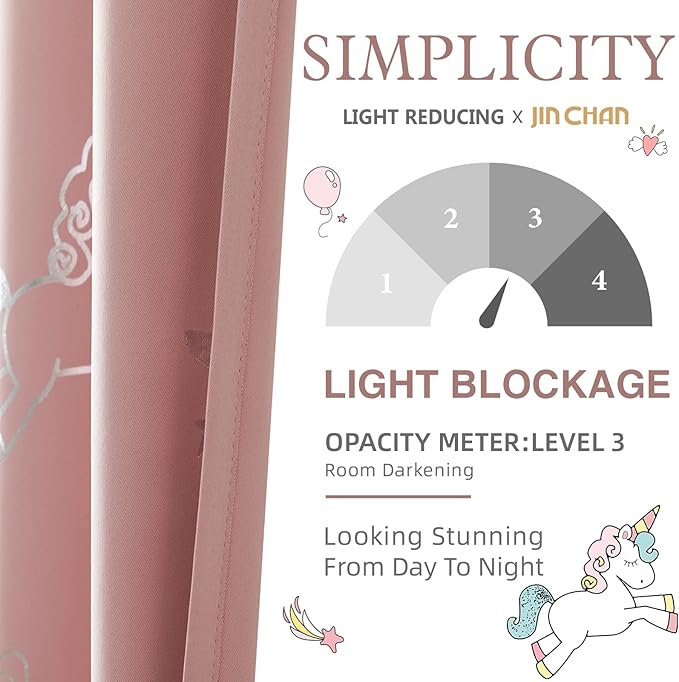 jinchan Pink Blackout Unicorn Curtains for Girls Kids Room Thermal Insulated Room Darkening Rainbow Curtains for Girls Bedroom Living Room Silver Foil Printed Grommet 63 Inches Long Pink 2 Panels