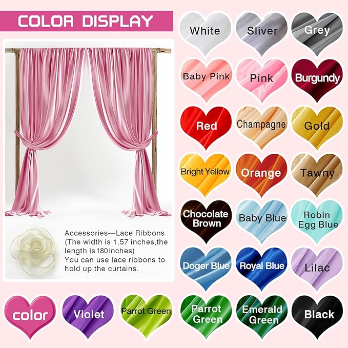10x10ft Wedding Curtains Pink Wedding Backdrop for Ceremony Prom Stage Backdrop Satin Fabric Curtain Drapes Curtains Panels with Rod Pockets W5' x H10'2 Panels YUNBSDJ037
