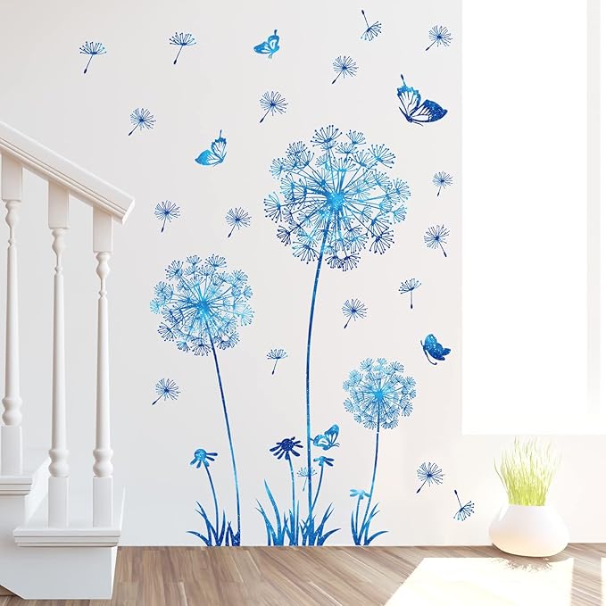Dandelion Wildflower Wall Decals Art, Calcomanías para Pared Peel and Stick Floral Butterflies Flying Decor for Girls Kids Women Baby Nursery Room Bathroom Sofa Backdrop TV Wall (Light Blue)