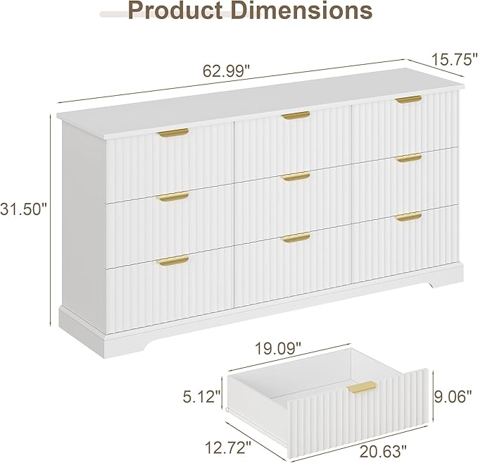 Fluted Dresser with 9 Drawers for Bedroom, 63" Wide Dresser with Metal Handle, Wooden Chest of Drawers for Bedroom, Living Room, Entryway, White