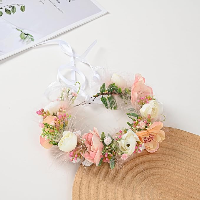 Baby Girls Flower Crown Flower Girl Headpiece boho Little Wreaths for Weddings, Family photography (Champagne White)