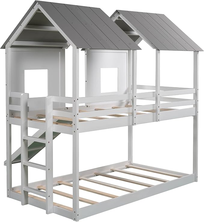 Twin Over Twin Wood House Bunk Bed with Slide and Windows, White