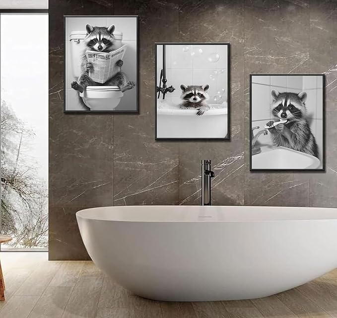 Funny Raccoon Bathroom Canvas Wall Art Black and White Cute Raccoon Sitting on Toilet Poster Print Artwork Humor Adorable Animals Pictures Wall Decor for Washroom Restroom laundry 16x24in Unframed