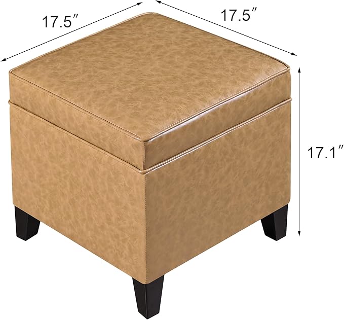 Adeco 17" Storage Ottoman Foot Rest Stool, Light Yellow Leather Ottoman with Black Solid Wood Legs and Hinged Lid, Small Foot Stool for Living Room, Bedroom