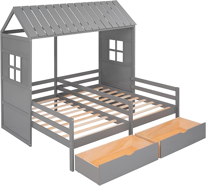 P PURLOVE Double Shared Bed,Twin Size House Platform Beds with Two Drawers for Boy and Girl Shared Beds, House Bed Frame Combination of 2 Side by Side Twin Size Beds,Gray