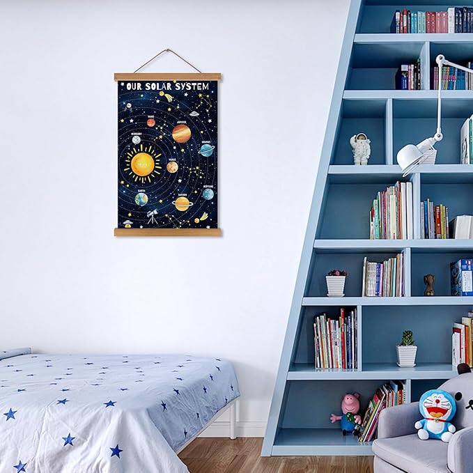 KAIRNE Our Solar System Decor With Wood Magnetic Hanger,Universe Hanging Posters(35X56CM) Outer Space Themed Wall Art,Children Planets Learning Canvas For Kids Boys Bedroom Space Playroom Decor