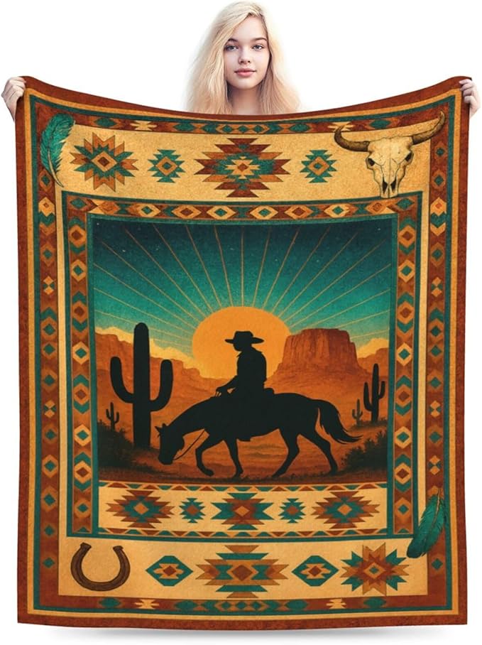 Western Cowboy Blanket Southwest Cowboy Horse Tropical Cactus Mexican Throw Blanket Soft Cozy Fleece Fuzzy Plush Warm Stuff Bedding Blankets Gifts for Boys Girls Kids Adult Men Women 50"X60"