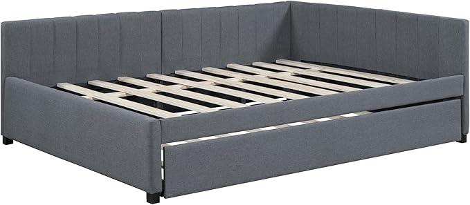 Harper & Bright Designs Full Size Upholstered Daybed with Trundle Sofa Bed Frame for Boys Girls Kids Adults Toddler No Box Spring Needed, Linen Fabric(Gray)