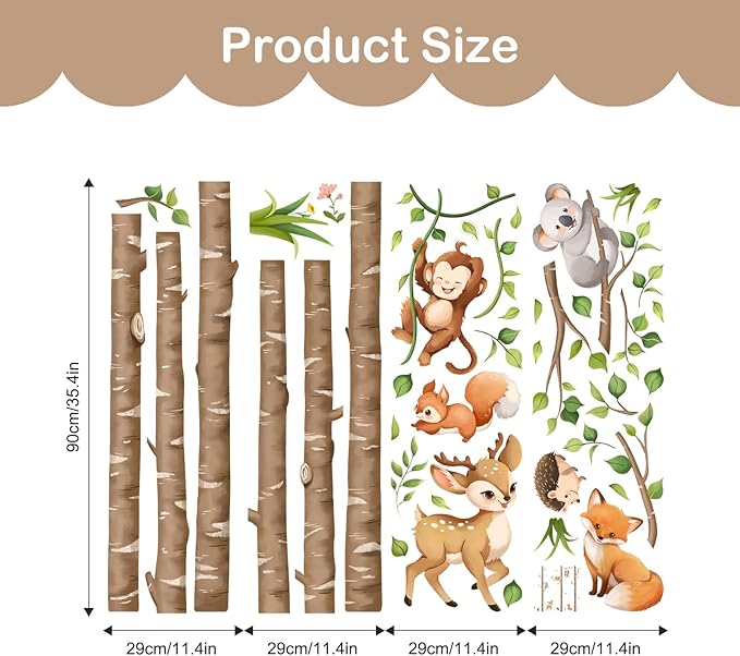 Tanlaby Large Birch Tree Forest Animals Wall Stickers Woodland Brown Trees Wall Decals Deer Fox Monkey Sticker Peel and Stick Art Decor for Baby Nursery Kids Toddler Bedroom Playroom Classroom
