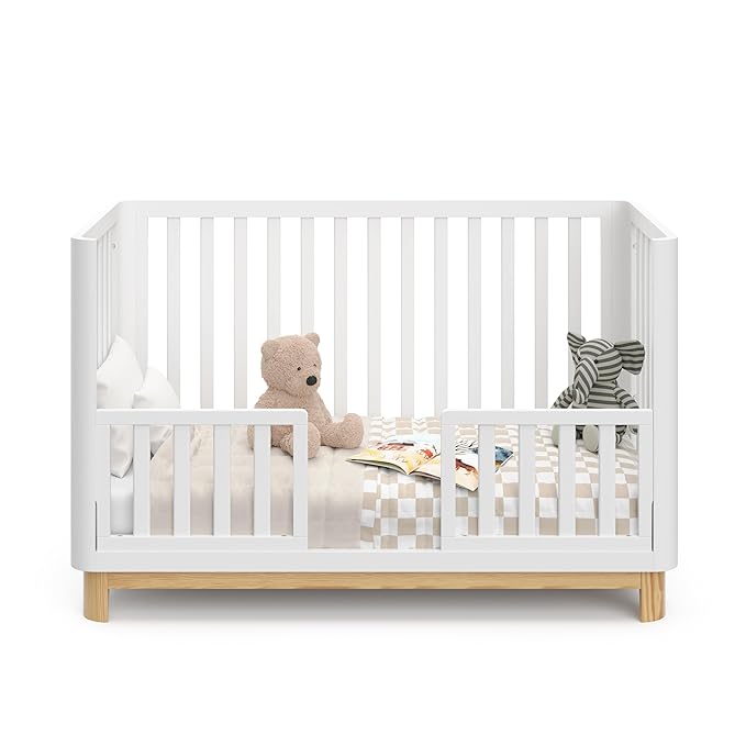 Storkcraft Santos 3-in-1 Convertible Crib (White with Natural) – GREENGUARD Gold Certified, Fits Standard Crib Mattress, Converts to Toddler Bed, Modern Style, Rounded Designer Details