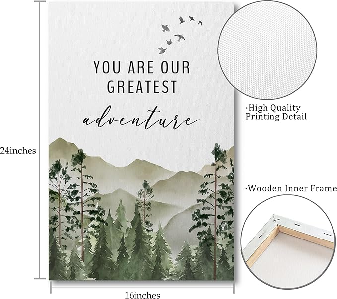 XWELLDAN You are Our Greatest Adventure Woodland Nursery Inspirational Wall Art Canvas Prints,Watercolor Forest Mountain Adventure Wall Art Decor for Kids Baby Bedroom Nursery, 16 x 24 Inch, Framed