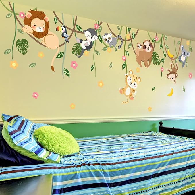 Large Jungle Animals Tree Wall Decals Safari Animals Climbing Trees Wall Stickers Elephant Giraffe Lion Sloth Wall Stickers for Baby Nursery Kids Room Playroom Classroom 90.94" x 62.59"
