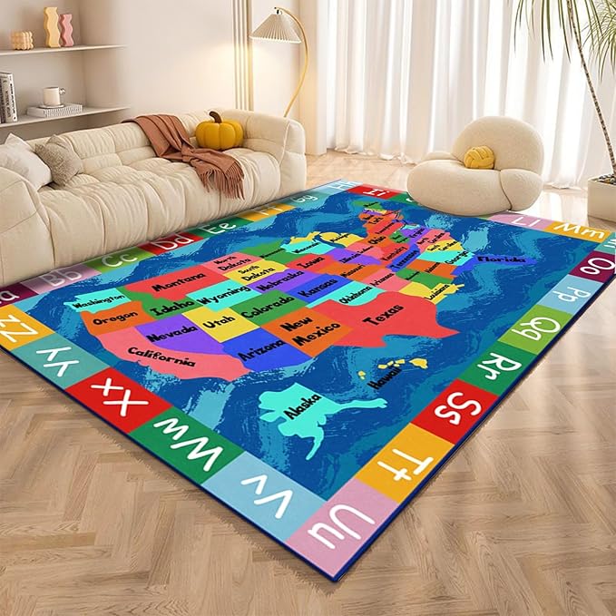 USA Map Preschool Area Rugs, 5x8ft, Children's Education Learning ABC Living Room Rug, Machine Washable Rubber Backed Non Slip Mat，Durable Non-Shedding Printed Carpet for Indoor Floor