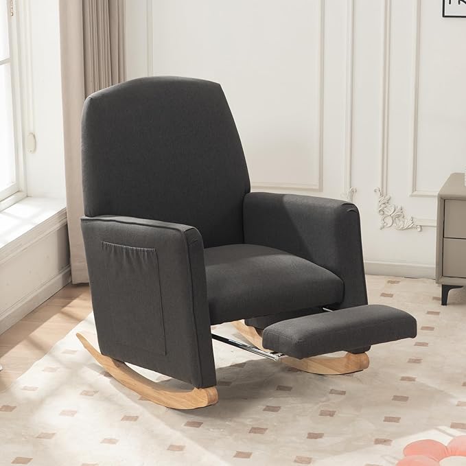 FOXHUNTER Rocking Chair Nursery with Adjustable Footrest and High Backrest, Upholstered Glider Chairs with Side Pockets for Nursery, Rocker Armchair Indoor for Living Room, Dark Gray
