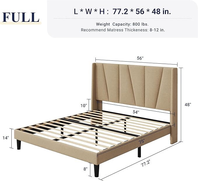 Allewie Full Size Platform Bed Frame with Geometric Wingback Headboard, Boho Upholstered Bed with Wooden Slats Support, No Box Spring Needed, Easy Assembly, Beige