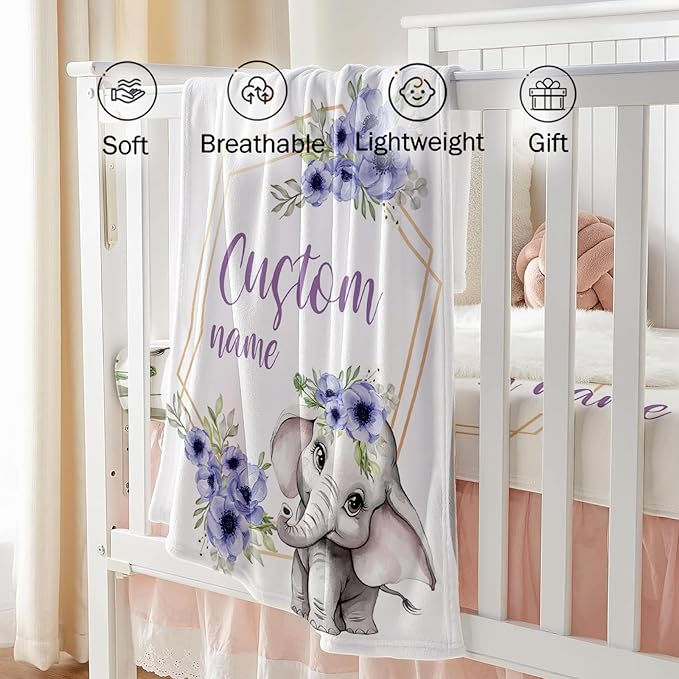 Custom Baby Crib Bedding Set - Purple Flower Elephant Design Personalized Name Baby Nursery Bedding 3 Pcs Set - Chic Soft Blanket, Fitted Sheet, Room Rug for Newborns Boys Girls Gifts