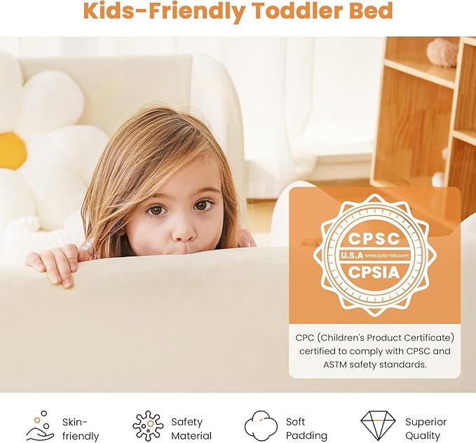 Toddler Bed, Whole Soft Padded Toddlers Floor Bed Frame, Kids Beds with Extra Safety Broad, Toddler Beds for Girls Boys Children - Standard Crib Size (Mattress NOT Included)