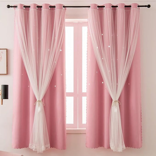 Pink Blackout Curtains for Girls Bedroom Cute- Aesthetic Star Cutout Double Layer with Sheer Overlay, 84 Inches Long, 2 Panels Baby Nursery Curtains Kids Room Decor Drapes