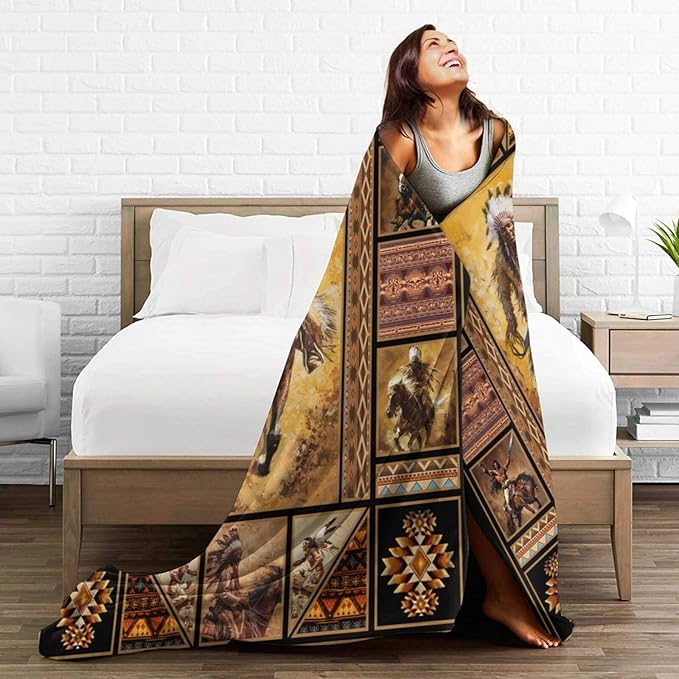 Rustic Indians Blanket Native American Throw Blanket Retro Chief Flannel Stuff Merch Cozy Decor Fleece Plush Fuzzy Warm Soft Lightweight Bedding Indians Gifts for Women Men Girls Couch 60"X50"