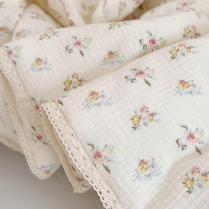 BuLuTu Kids Blanket Cotton Toddler Quilt Muslin Blankets, Reversible Floral Baby Blanket for Girls Boys Crib Comforter Baby Quilt for Toddler Bed, Azalea Pattern, 60x78 Inches