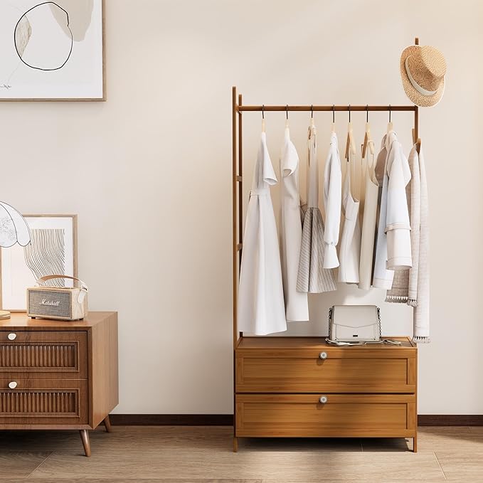 Clothing Rack with Shelves,Bamboo Clothes Rack,Tawny Clothes Rack Hanging,Drawers Hanging Racks,Garment Racks with Shelves (27.6inch Width Tawny)