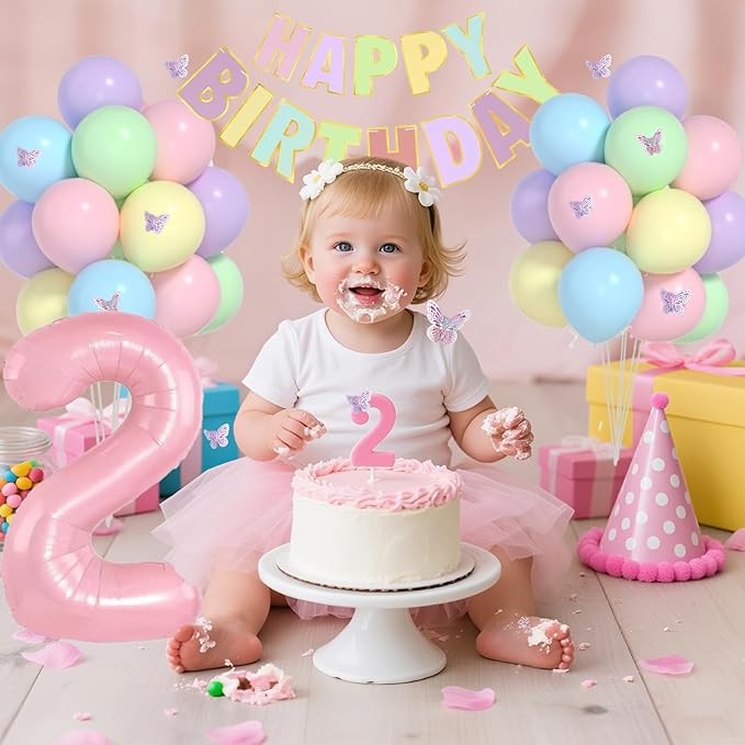 Pastel 2nd Birthday Decorations for Girl -12 inch Pastel Balloons, 40 Inch Pink 2 Balloon,3D Butterflies Stickers, Happy Birthday Banner for Baby Girl 2 Year Old BD Party Decorations