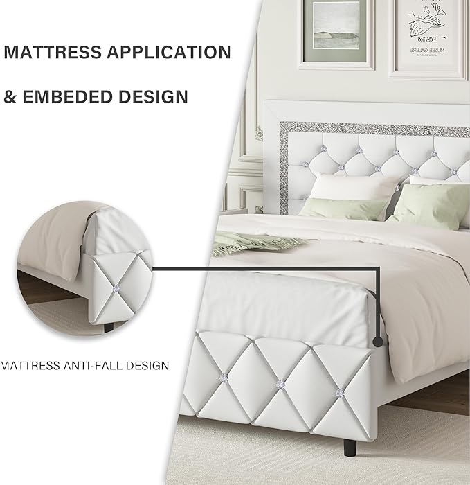 BarnFurin Twin Size Bed Frames, Upholstered Platform Bed with Button Tufted Headboard, Princess Platform Bed with Diamond Design, Wooden Slats Support, No Box Spring Required, Easy Assembly, White
