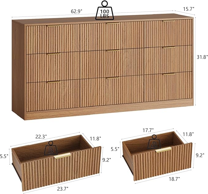 Fluted Dresser for Bedroom with 9 Drawer, 63” Wide Wooden Dresser Mid Century Chest of Drawers with Handle, Dressers TV Stand Storage Organizer for Bedroom, Living Room, Natural Wood